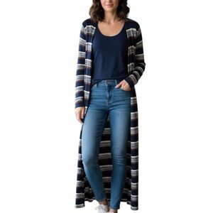 Mango Casual Striped Long Sleeve Open Front Knit Duster Cardigan Small Navy Blue